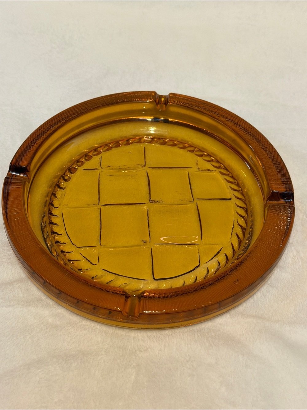 MCM VINTAGE ASHTRAY Amber Glass Oversized Jumbo Round Grandpa